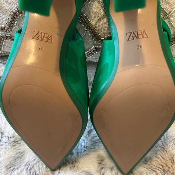 ZARA Emerald Green Satin Slingback Heels – Size 38 - Picture 4 of 5